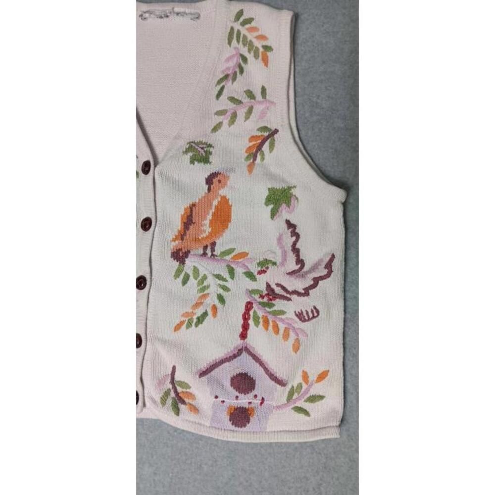 Bird Embroidered Knitted Sweater Vest Womens Size Petite Medium White Birds And - Picture 7 of 10
